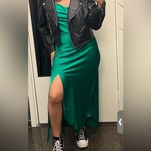 Express Emerald Green Satin Slip dress with Side Slit and cowl neck